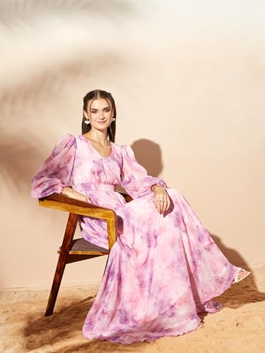 Image of Miss Chase Women's Multicolored-Base-Brown Relaxed Fit Maxi Lurex Chiffon Dress