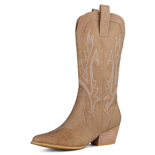 femflame Womens Cowboy Boots for Women Pointed Toe Chunky Heel Mid Calf Cowgirl Boot Embroidered Western Boots