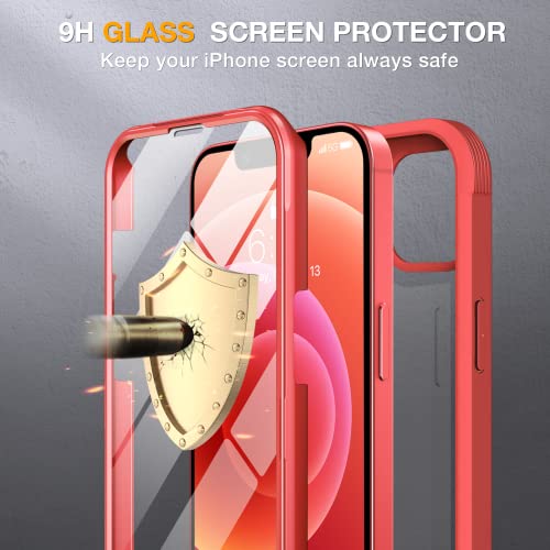 Image of Miracase Glass Series for iPhone 12 /12 Pro Case 6.1 inch, Upgraded Full-Body Rugged Phone Bumper Case Cover with Built-in 9H Tempered Glass Screen Protector and Camera Protector, Red