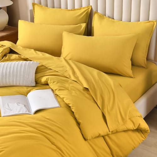 Litanika Comforter California King Size Set Mustard Yellow - 7 Pieces Bed in a Bag California King Bedding Comforter Sets, Plain Lightweight Bed Set with Comforter, Sheets, Pillowcases & Shams