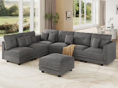 Image of LLappuil Modular Sectional Sofa with Storage, L-Shaped 7-Seat Corduroy Couch with 6 Throw Pillows, Pet-Friendly Convertible Sofa for Living Room & Apartment, Skin-Friendly, Grey