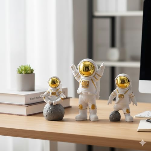 Image of REWOP Astronaut Figurine Set of 3 - Cute Space Theme Desk Decor, Moon Surface Resin Statues for Home, Office, Car Dashboard, Gift for Kids & Space Lovers (Gold)