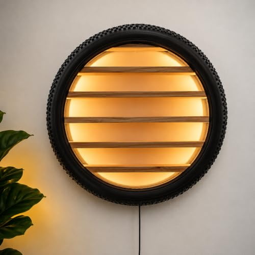 Image of Wall Mounted Tire Display Shelf with LED Lights for Kids Room | Wooden Circular Tyre Rack, Die-Cast Cars, Toy Car Organizer Storage, wall car, toy car storage organizer