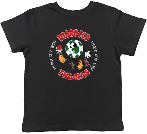 Image of Shopagift Personalised Morocco World Cup Heart Football Fan Kids T-Shirt Childrens Tee Boys Girls Black
