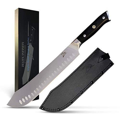 Zelite Infinity Bull Butcher knife - 10 inch Meat Breaking Knife - Alpha-Royal German Series - German High Carbon Stainless Steel, Leather Sheath