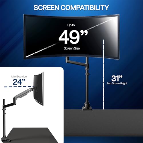 Image of VIVO Pneumatic Arm Single Ultrawide Monitor Extra Tall Desk Mount for Up to 49 inch Screens, Heavy Duty Clamp, Holds Ultra Wides Up to 44 lbs, Black, STAND-V110K