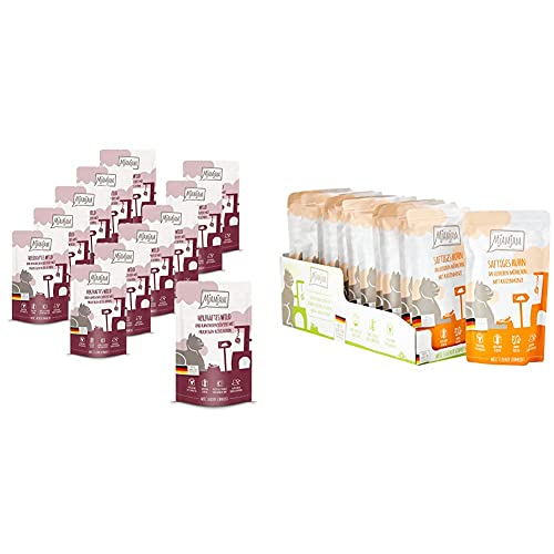 MjAMjAM - Premium Nassfutter für Katzen, herzhaftes Wild & Kaninchen an fruchtigen Heidelbeeren (12 x 125 g) & Premium Nassfutter für Katzen, saftiges Huhn an leckeren Möhrchen (12 x 125 g)