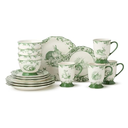 Le Jardin Bunny 16-Piece DINNERWARE SET, SERVICE FOR FOUR – Elegant Stoneware Plates, Bowls & Mugs for Springtime, Easter, Garden Parties & Everyday Charm – Scalloped Floral Toile Design