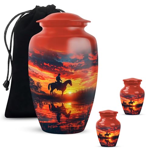 Image of Cowboy Urn - Large & Small Urns for Ashes Adult Male - Unique Cremation Urns for Human Ashes - Companion Urns for 2 Adults - Memorial Ash Containers - 10 inch & 3 inch Pack of 3