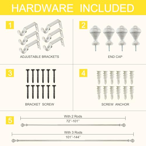 NICETOWN Adjustable Curtain Rods 2-Pack 72-144 Inch, White Rods with Decorative Finials for Windows, Heavy Duty Window Drapery Poles for Indoor Outdoor Patio Bedroom