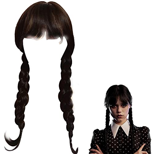 Wednesday Addams Perücke für Kinder Damen, Wednesday Addams Kostüm Kinder mit Pony Zopf, Addams Family Merchandise Thing Mädchen Geschenke für Faschingskostüme Karneval Halloween Cosplay, Schwarze