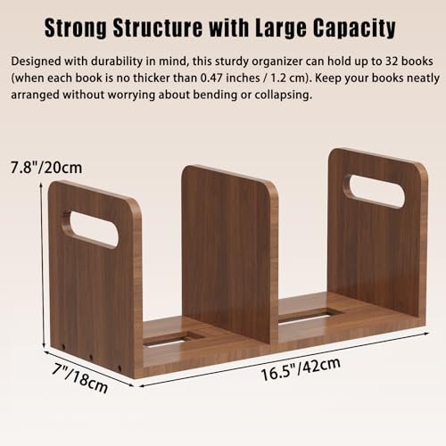 Image of 100% Solid Wood Adjustable Desktop Bookshelf With Movable Divider, Retro Tabletop Bookshelf With Convenient Handle Design for Living Room, Home, Office, Perfect for Magazines, Books, Files (Brown)