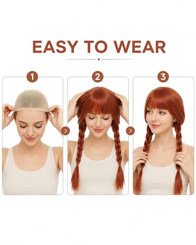 Image of Rose bud Anime Costume Agnes Annabelle Cosplay Wig Long Hair Heat Resistant Adjustable Fit 23 Inches Double Braided Orange Wigs With Bangs for Halloween Cosplay