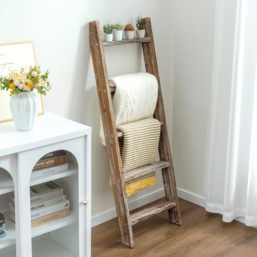 MyGift Decorative Ladder Shelf, 4.5 Foot Wall Leaning Wooden Towe...