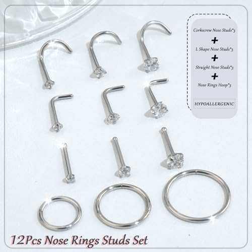 AMASIS 12PCS Silver Nose Rings and Studs Set, 18G Hinged Hoops 20G CZ Studs by AMASIS - Used condition - Image 4