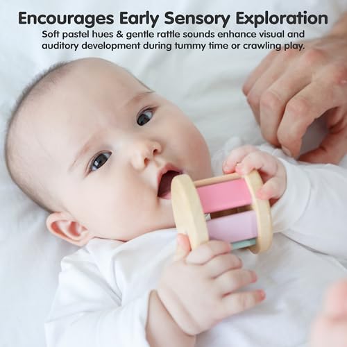 Image of PlanToys Pastel Wooden Roller Toy for Babies | Montessori Sensory Toy with Gentle Rattle Sound | Eco-Friendly Crawling & Motor Skill Toy for Infants 6+ Months