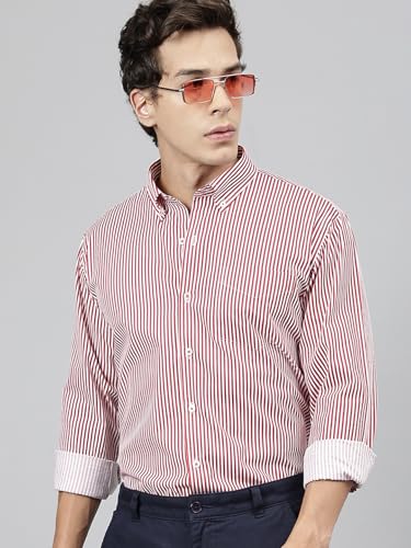 Image of Hancock Standard Slim Fit Striped Button-Down Collar Pure Cotton Casual Shirt(9607White-Red)
