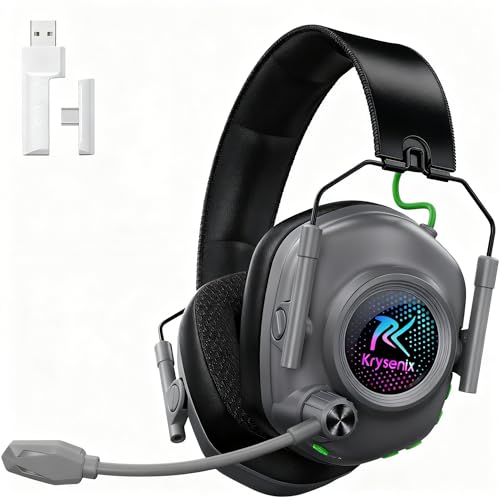 Wireless Gaming Headset with Noise Canceling Microphone for PC, PS5, PS4, Switch, Mac, 2.4 GHz Wireless & Bluetooth 5.4 Gaming Headphones, Cool RGB Lighting, 50Hr Battery, 50mm Drivers(Black Grey)