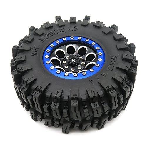 4Pcs Rc 2.2 Mud Slingers Tires Super Grip Rock Crawler Tyres Height 124Mm & Aluminium 2.2 Beadlock Wheels Rims Blue/Black/Silver Color #TOP5
