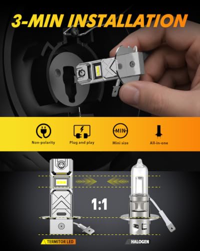 Image of Termitor 2026 H3 LED Light Bulb, 50,000 LM 10X Brighter Light Bulb | 70K+ Hrs Lifespan, No Flickering Error, 6500K Cool White, Real 1:1 Size, IP68, 3Min+ Quick In, Canbus Ready, Pack of 2
