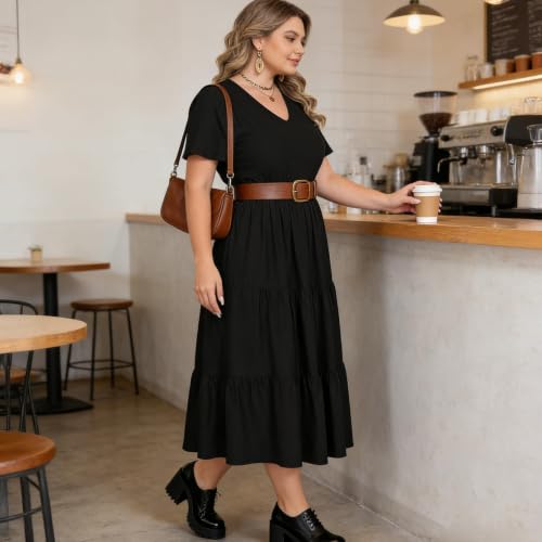Image of Women's Plus Size Summer Dresses Floral Casual Tiered Midi Dresses V-Neck Short Sleeve Long Maxi Dress with Pockets