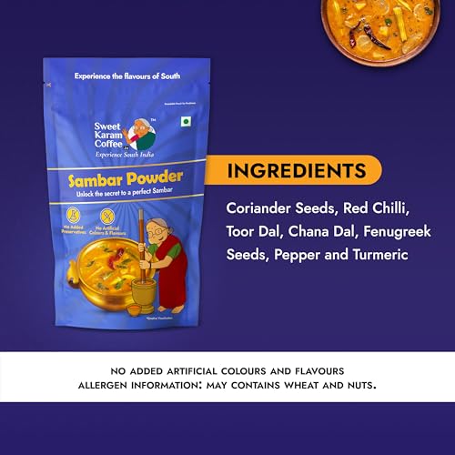 Image of Sweet Karam Coffee Sambar Powder (Podi) - 180 grams | No Onion or Garlic | Authentic Homemade South Indian Masala | 100% Natural & Organic Ingredients | Aromatic, Healthy & Flavorful Spice Blend
