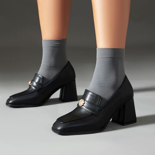 Alyaafifa Block Heel Loafers for Women 3 Inches Closed Square Toe Chunky High Heel Work Pumps Slip On Leather Suede Dress Shoes Comfortable Office Event Church Party2