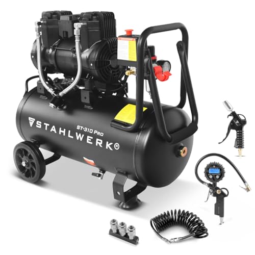 STAHLWERK Kompressor mit 30 L Tank (ST-310 Pro) mit Zubehör ölfrei & leise 8 bar 1 97 PS (1 45 kW) 250 l/min 70 dB Druckluftkompressor mit Brushless-Motoren Silent-/Flüsterkompressor