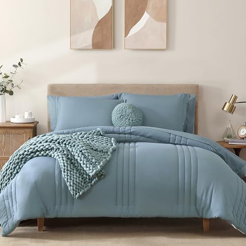 Image of Monbix Full Size Comforter Sets - 7 Pieces Dusty Blue Bed in a Bag Full Size Bedding Sets with Comforters, All Seasons Comforter with Sheets, Pillowcases & Shams