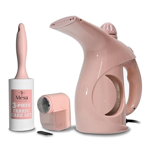 Inspired Living Fabric Care Kit – 3-Piece Garment Care Set with Handheld Steamer, Lint Roller & Fabric Shaver/Defuzzer – Wrinkle Remover & Clothing Refresh Essentials – Blush Pink