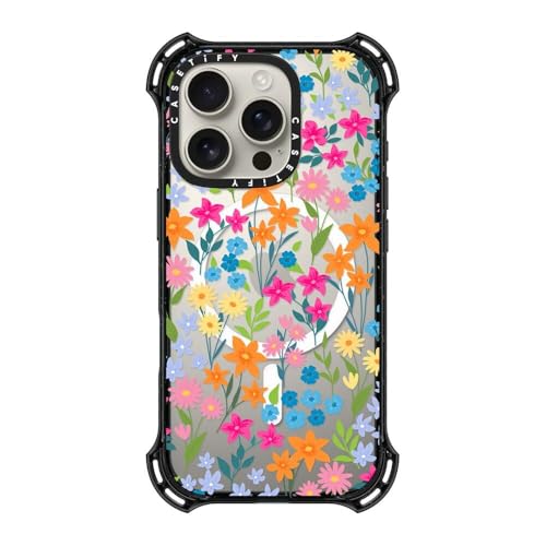 Coque iPhone 16 Pro CASETiFY Bounce noire fleurie compatible Magsafe
