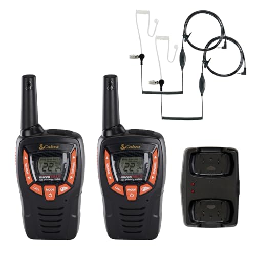 Image of Cobra ACXT390 Walkie Talkies & Compatible Cobra Surveillance Headset - Rechargeable, 22 Channels, Long-Range, 2 Two-Way Radios, 2 Headsets, Black /Orange