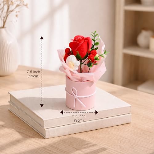 Image of Art Street Artificial Rose & Knitted Daisy Flower Bouquet in Pink Box - Handmade Decorative Floral Arrangement for Home Decor, Mothers Day Gifting, Office Table, & Anniversary