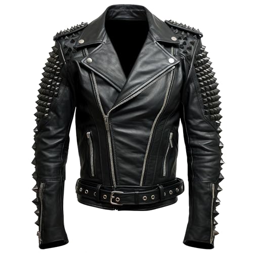 Sumairah Chaquetas de piel auténtica con mangas y hombros para hombre, estilo punk y tachuelas