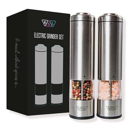 KSL Electric Salt and Pepper Grinder Set (Batteries included) - Automatic Adjustable Shakers - Stainless Steel Powered Spice Mills - Battery Operated Kitchen Peppermills w/ Light - Housewarming Gift