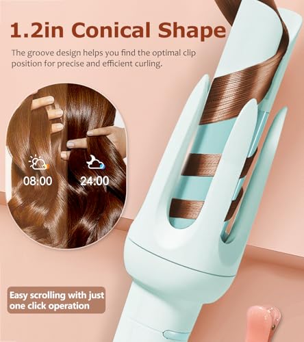 Image of Auto Hair Curler, Automatic Curling Iron with 4 Temperature & 3 Timer, Automatic Shut-Off, Anti-Scald, Anti-Tangle Rotating Curling Wand for Hair Styling, Blue