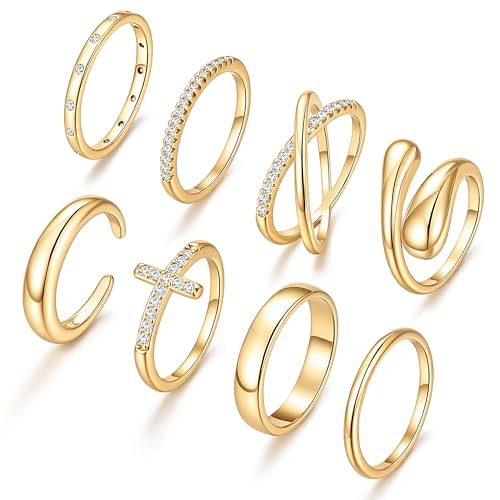 iF YOU Non Tarnish Chunky Gold Rings for Women 14K Gold Plated Dainty Stackable Cross Cubic Zirconia Ring Set Knuckle Stacking Pinky Thumb Ring Statement Wedding Bands Summer Beach Jewelry Size 8