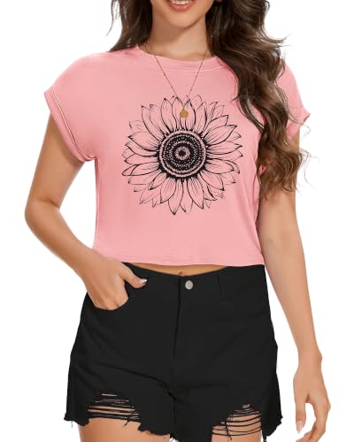 Image of Womens Crop Tops Summer Roll Cap Sleeve Cropped Tshirt Loose Fit Basic Tees