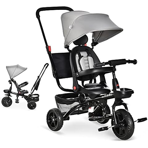 HOMCOM Dreirad mit Schubstange drehbarer Sitz 4-in-1 Kinderdreirad Kinder Fahrrad mit Sicherheitsgurt und Sonnendach Kinderauto Metall Polyester Eva Grau 111,5 x 52 x 98 cm Cover