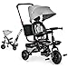 HOMCOM Dreirad mit Schubstange drehbarer Sitz 4-in-1 Kinderdreirad Kinder Fahrrad mit Sicherheitsgurt und Sonnendach Kinderauto Kinderwagen Metall Polyester Eva Grau 111,5 x 52 x 98 cm