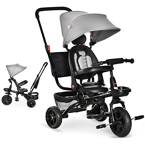 HOMCOM Dreirad mit Schubstange drehbarer Sitz 4-in-1 Kinderdreirad Kinder Fahrrad mit Sicherheitsgurt und Sonnendach Kinderauto Metall Polyester Eva Grau 111,5 x 52 x 98 cm