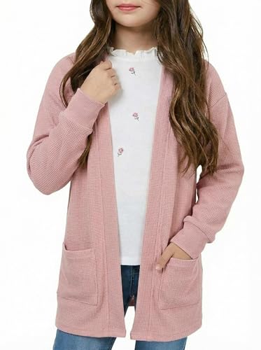Image of Girls Open Front Cardigan Long Sleeve Casual Fall Winter Loose Knit Sweaters Coat with Pockets