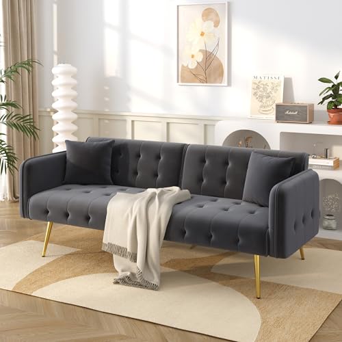 Dolamaní Sofá cama de 2 plazas con función de sueño, respaldo reclinable 105°/135°/180°, tela de terciopelo para habitaciones pequeñas, apartamentos, salón (gris)