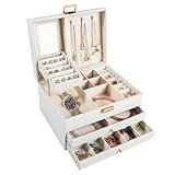 aichilra Joyero viaje, organizador de joyas grande para mujer, caja joyero organizador con espejo y múltiples compartimentos, color beige, material PU y madera