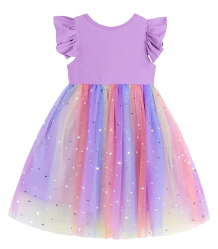 Rysly Toddler Girls Ruffle Sleeve Tulle Dress Elastic Waist Bow Kid Casual Sundress2