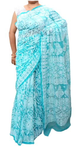 Full Jaal Work with Heavy Hand made Embroidered Lucknowi Chikankari Faux Georgette Saree with Blouse Piece (Colour - Light Blue)