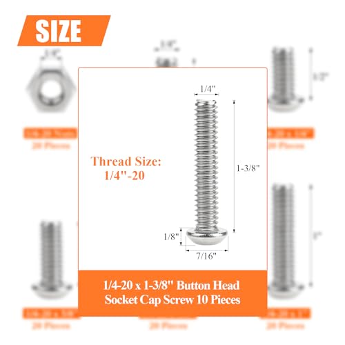 Image of 10 Pieces 1 /4-20 x 1-3 /8 inch Button Head Socket Cap Screws Bolts, HELIFOUNER 304 Stainless Steel (18-8) Screws, Bright Finish, Fully Threaded