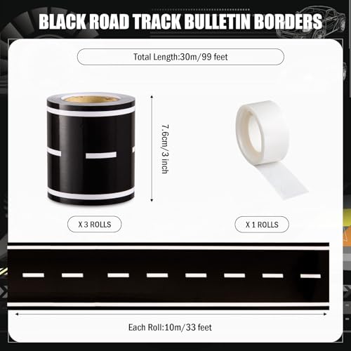 AWIZOM 99 Feet Road Bulletin Board Border Black Car Track Road Straight Border Trim Race Track Classroom Decorations for Homeschool Back to School Racing Theme Birthday Party Decor,3 Rolls - Image 2