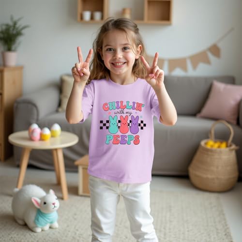 Image of CM C&M WODRO Kid Girl Funny Easter Bunny T Shirt Chillin' with My Peeps Letter Printed Shirt Short Sleeve Tee Tops