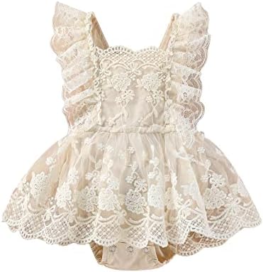 Infant Baby Girl Summer Outfits Sleeveless Dress Romper Lace Tutu Onesie Backless Jumpsuit Ruffle Bodysuit One Piece (Khaki, 12-18 Months)